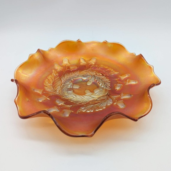 1920s Fenton Acorn Marigold Carnival Glass Footed Bowl w Crimped Rim Pattern 834 - Picture 7 of 12